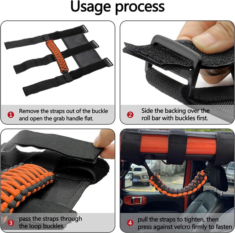 Kujunpao 4 X Roll Bar Grab Handles Grip Handle Compatible with Jeep Wrangler JLU JK JKU TJ YJ LJ JT JL & Gladiator JT 1987-2021 UTV & ATV, Fits 1.5 to 3 Inch Bars 3 Straps Woven Holder(Orange - Image 3